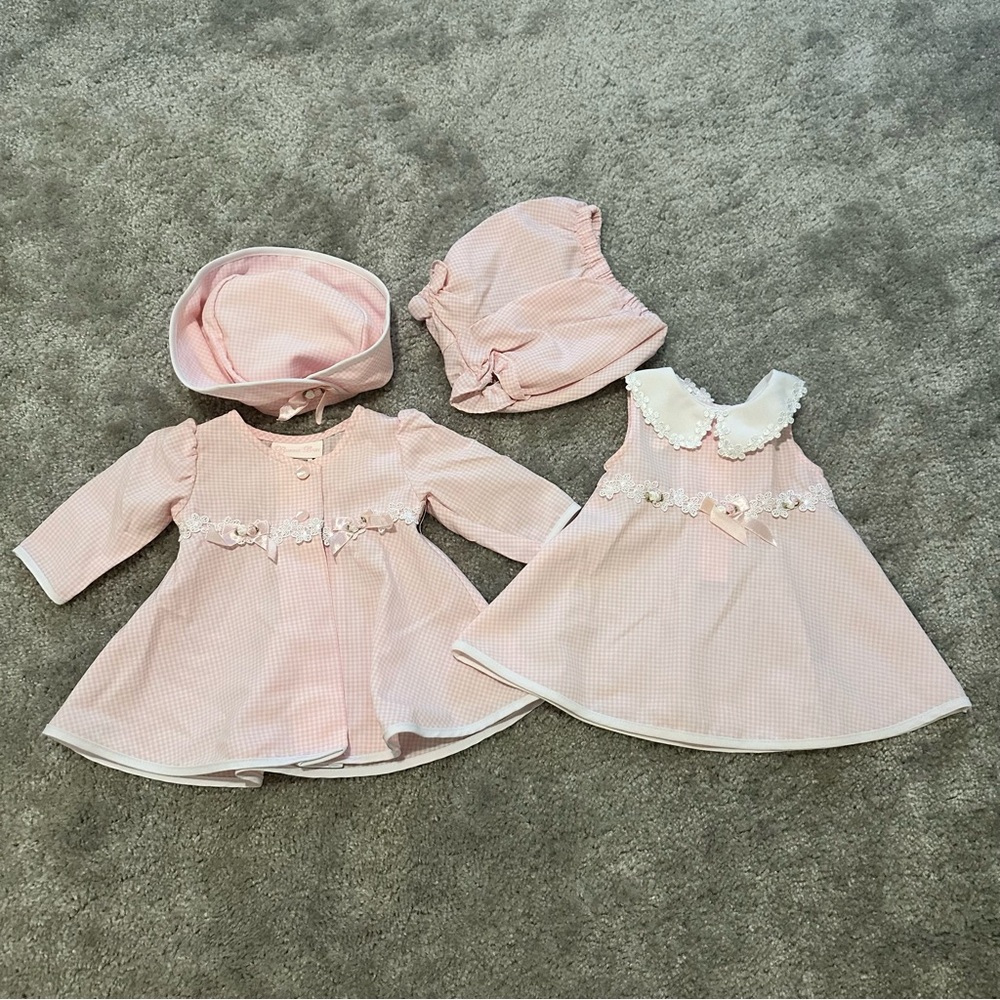 Vintage Bonnie Baby Pink and White Gingham 4 Piece Set with Lace Trim 3-6 months